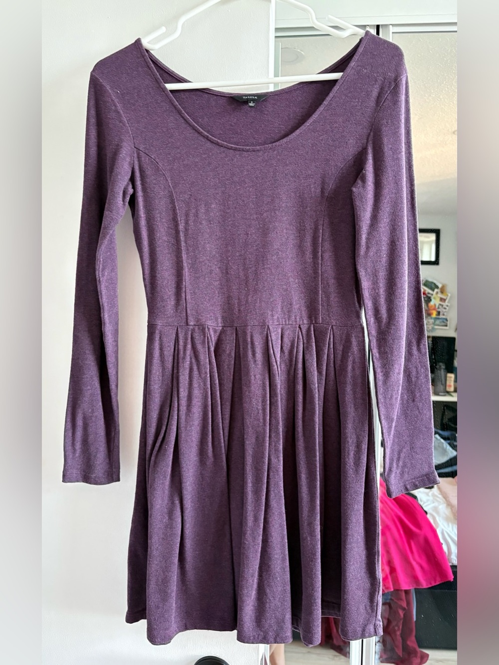 Aritzia Talula Plum Long-Sleeve Scoop Neck Fit-and-Flare Dress S